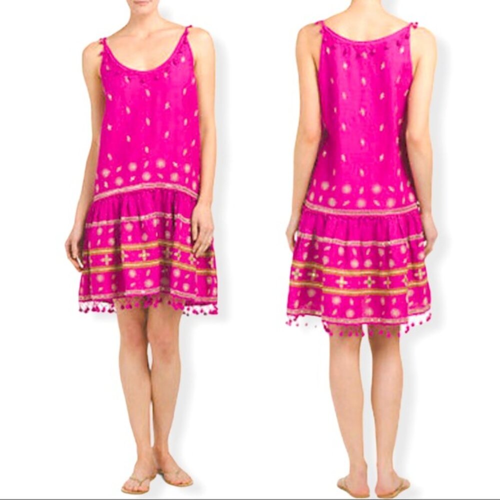 Calypso St. Barth Zulema Pink Linen Pom Pom Embroidered Embellished Dress XS